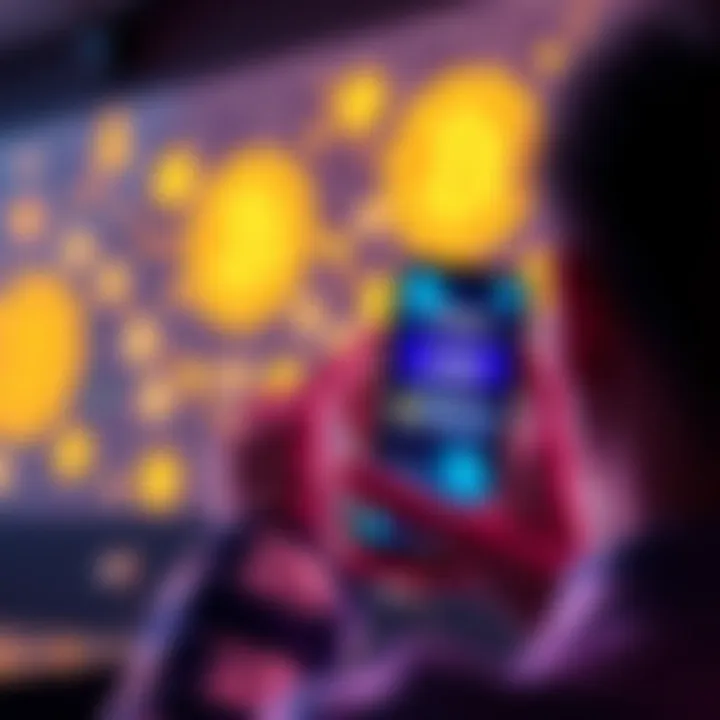 User celebrating a fast CRO unstaking transfer completion on their phone with a graphical representation of cryptocurrency icons in the background.