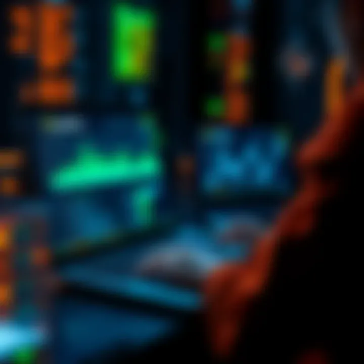 A person analyzing data on a laptop with crypto mining graphics on the screen, representing the Quid Miner platform.