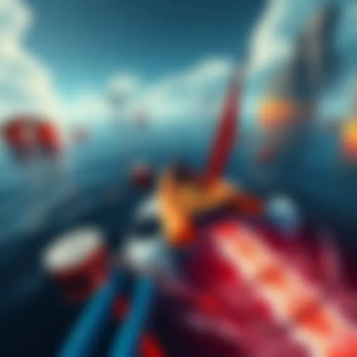 A screenshot showing a player sailing on a raft in Raft Survival game, surrounded by water and various obstacles.