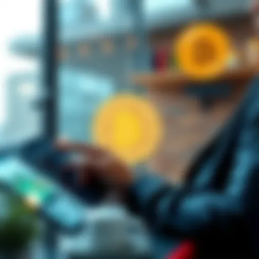 A person looking at real estate listings on a tablet, with a Bitcoin symbol in the background, symbolizing investment choices.