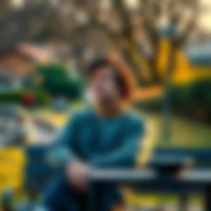 A person sitting on a bench, looking thoughtful with a mix of joy and sadness on their face, surrounded by nature.