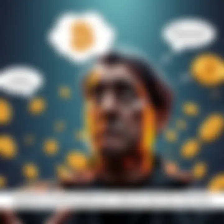 A person looking at a Bitcoin chart with a frown, reflecting on missed investment opportunities, surrounded by dollar signs and thought bubbles about future investments.