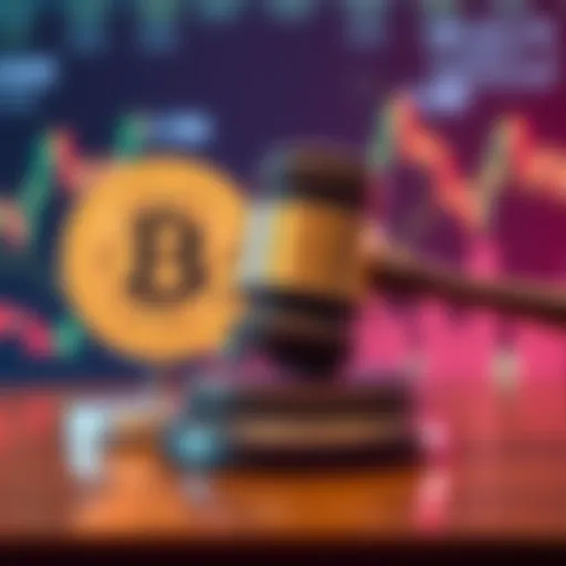 A gavel symbolizing court proceedings with a Bitcoin logo and fluctuating market charts in the background