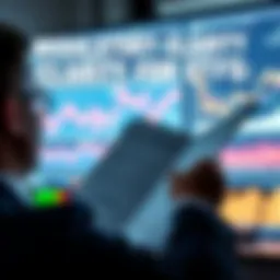 A business person reviewing documents about ETF regulations with graphs on a screen in the background