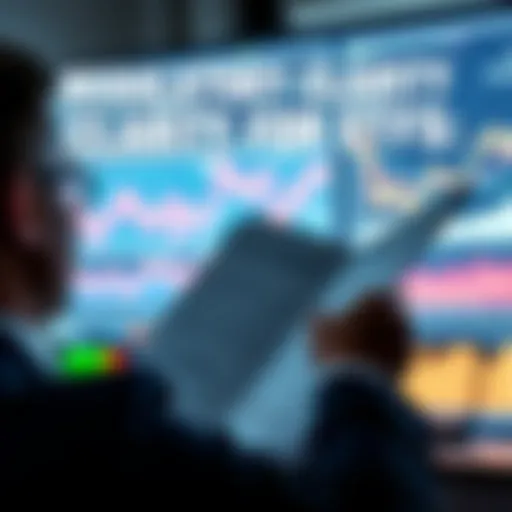 A business person reviewing documents about ETF regulations with graphs on a screen in the background