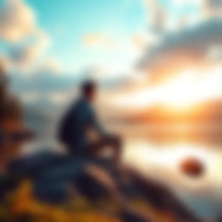 A person sitting on a rock by a lake, enjoying the peaceful scenery with trees and mountains in the background