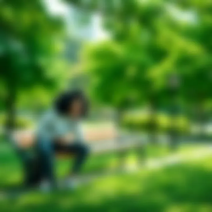 A person sitting on a park bench surrounded by lush green trees and grass, enjoying nature with a peaceful expression.