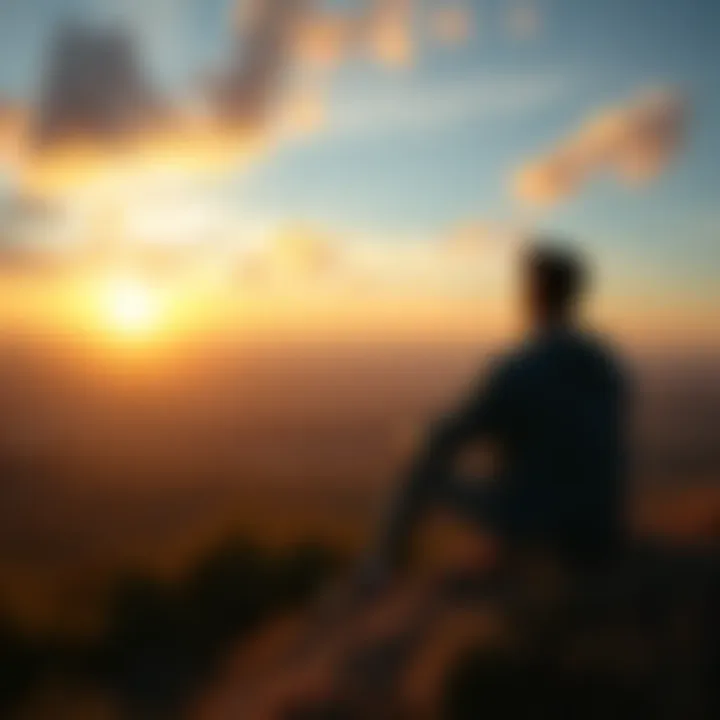A person sitting on a hilltop, looking at a vast landscape during sunset, symbolizing reflection and enjoying life.