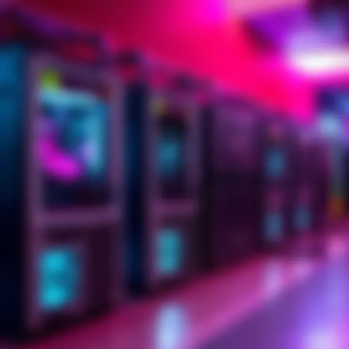 A setup showing multiple HP ProDesk 400 computers configured as a mining rig, with visible LED lights and cooling fans.