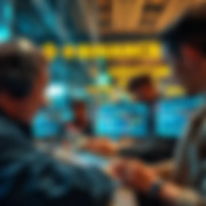 A group of retail investors actively trading on the Binance exchange, showing charts and digital currencies on their screens.