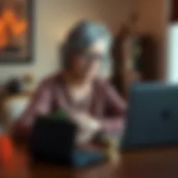 A retired woman sitting at a table, looking distressed while looking at her empty wallet and a laptop with cryptocurrency logos on the screen.
