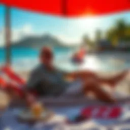 A happy retiree relaxing on a beach in Costa Rica, celebrating his Bitcoin success with a scenic view of the ocean.