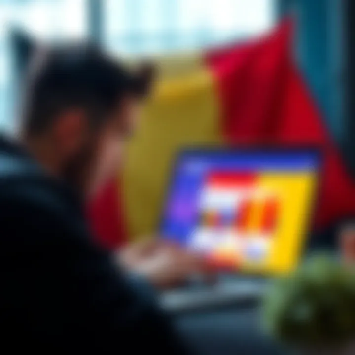 A person looking at a laptop with a worried expression, displaying Revolut's website on the screen with a Belgian flag in the background.