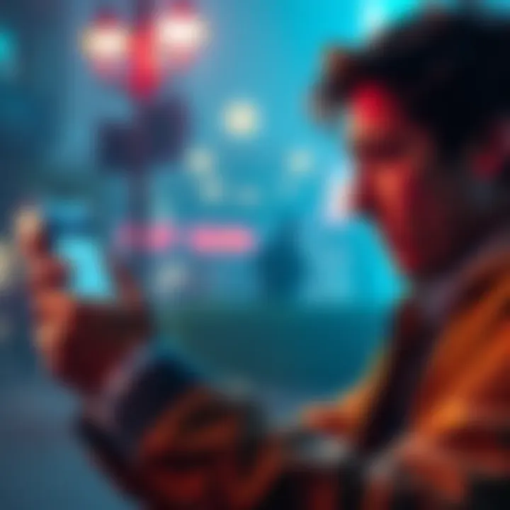A person looking worried while checking their phone, showing a financial app with frozen funds message