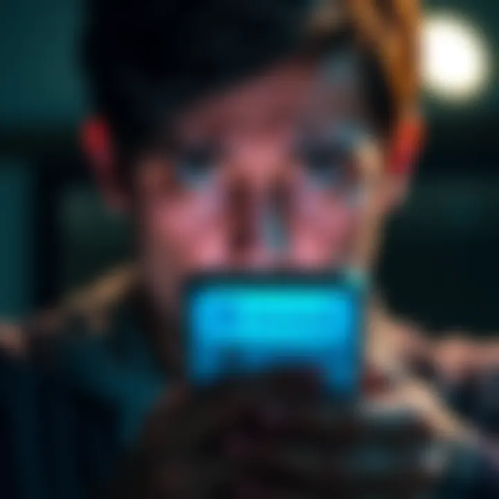 A worried person looking at a phone with the Revolut logo and a notification about profile updates