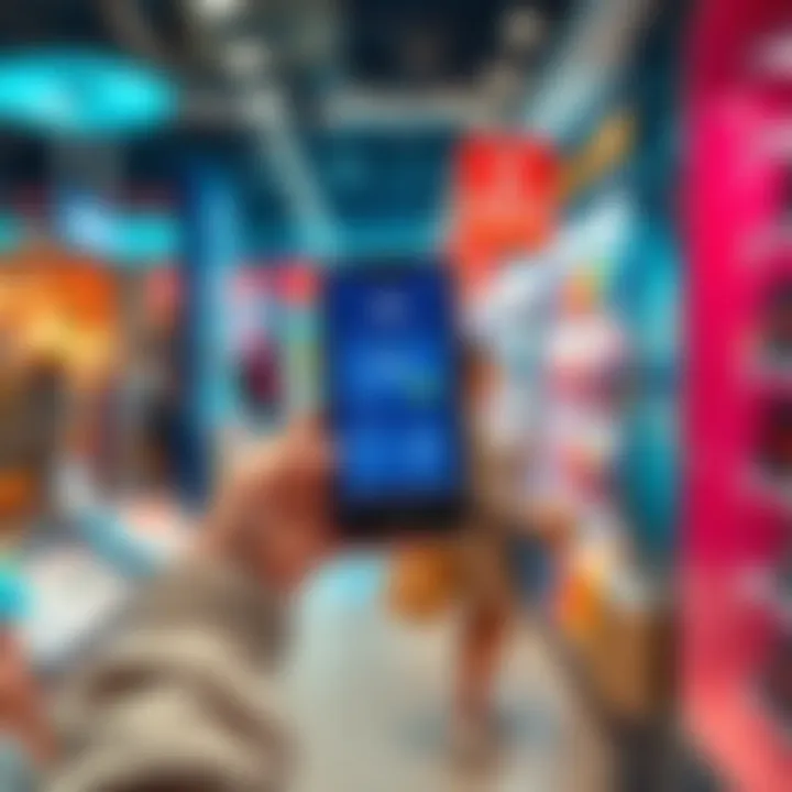 A person shopping with a smartphone showing the Ultra payment app, highlighting revpoints earned from purchases at various stores.
