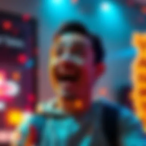 A person happily sharing their latest reward, with a surprised expression and excitement in their eyes, surrounded by bright colors and sparkles.