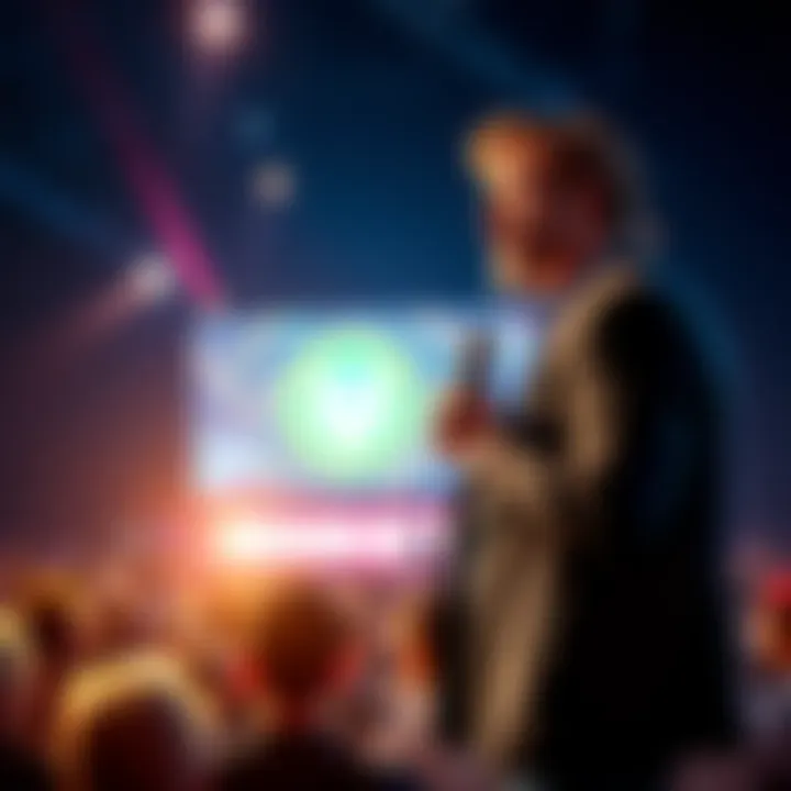 Richard Heart appears confident while discussing crypto integrity on stage at an event, with a crowd listening attentively.