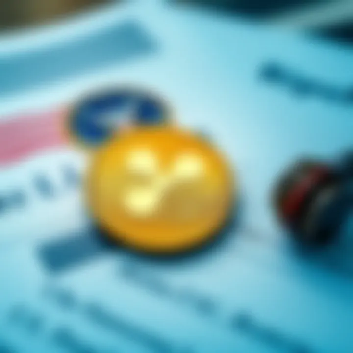 A visual representation of Ripple coin alongside legal documents, symbolizing clarity after the SEC case, with a backdrop indicating the U.S. market challenges.