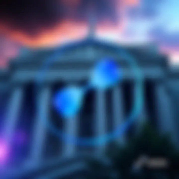Ripple logo with a backdrop of a bank building symbolizing the application for bank certification, hinting at changes for XRP.