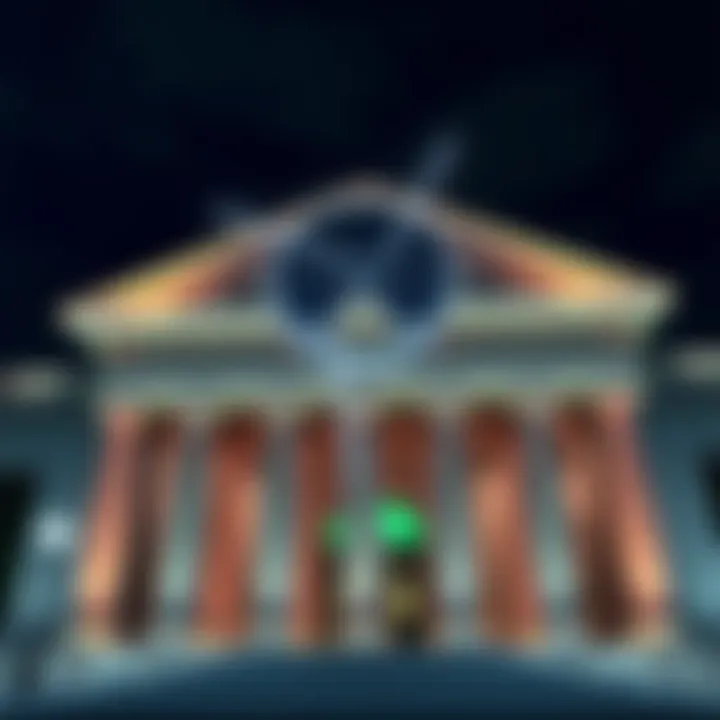Ripple logo with a bank building background representing its move to acquire a banking license.