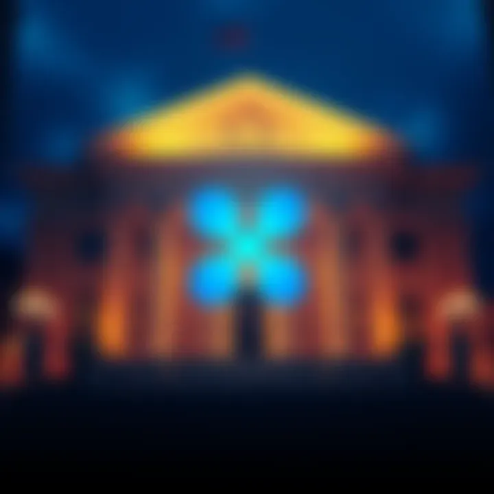 Ripple logo with a banking building background representing their pursuit of a banking license in the U.S.