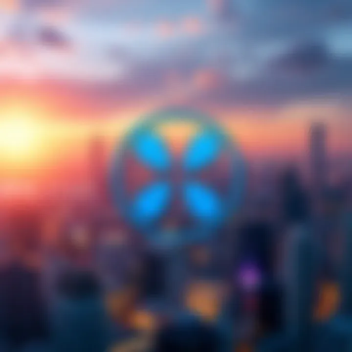 Ripple logo with a banking symbol and a backdrop of a city skyline, symbolizing its ambition for a national banking license in 2025