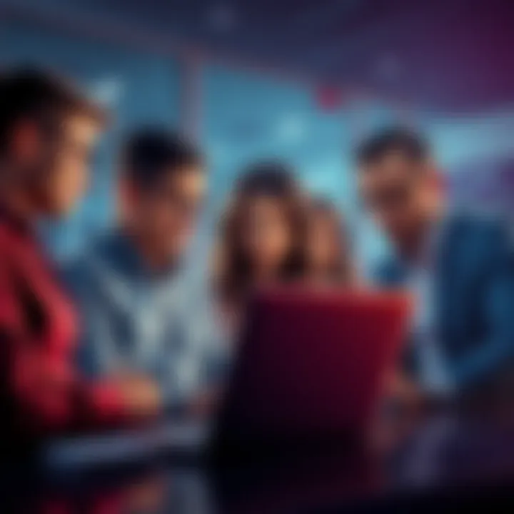 A concerned group of people discussing Ripple investments while looking at a laptop showing halted trading on Linqto.