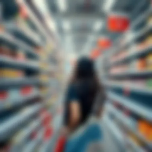 A shopper looking at high-priced items in a grocery store aisle during hyperinflation, with empty shelves in the background.