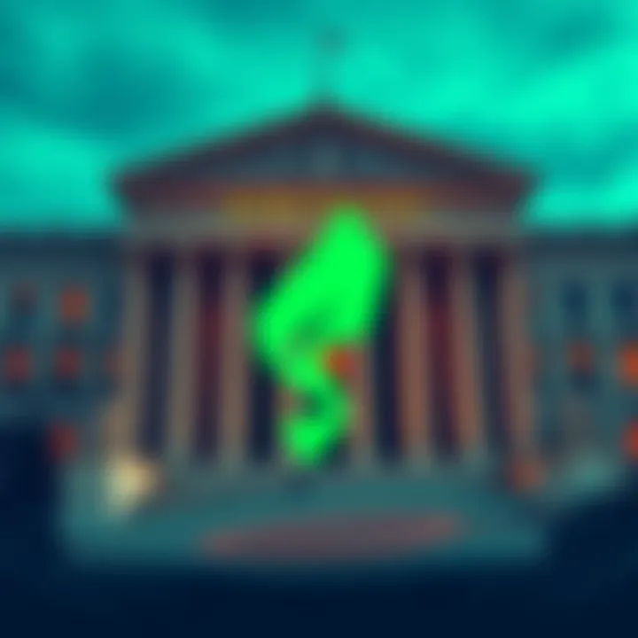 Illustration of Robinhood's logo with a courthouse backdrop, symbolizing lawsuits against New Jersey and Nevada