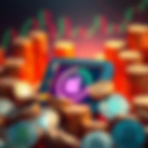 A graphic showing a digital wallet with tokenized stock icons like Apple, surrounded by crypto coins.
