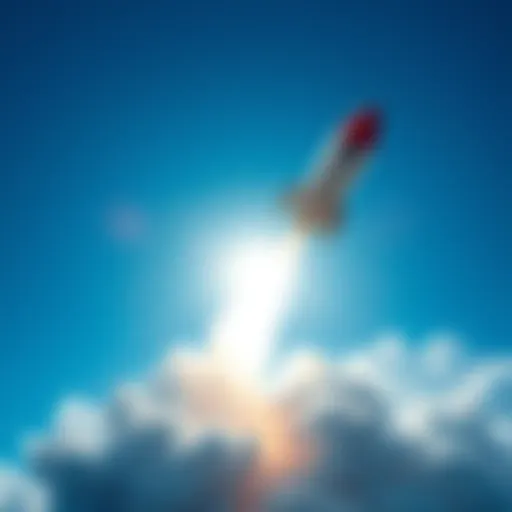 A rocket blasting off into the blue sky with clouds surrounding it, symbolizing innovation and new ventures.