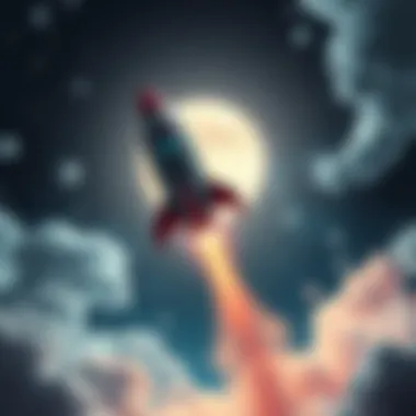 A rocket soaring into space, heading towards a bright full moon, symbolizing rising cryptocurrency values.