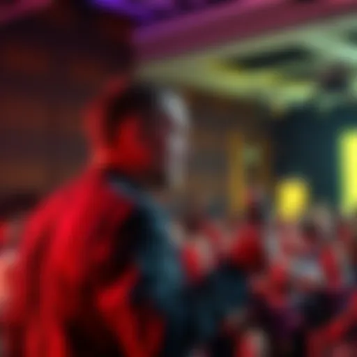 Roger Ver addressing an audience at a BCH community event, highlighting his vision for cryptocurrency, with supporters in the background.