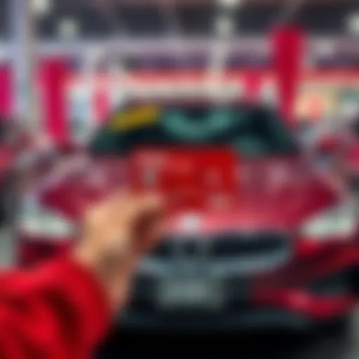 A person holding a Ruby credit card in front of a new car at a dealership