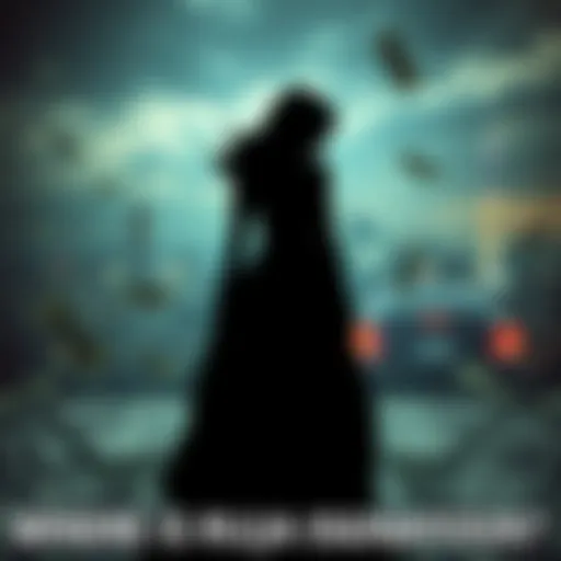 A shadowy figure symbolizing Ruja Ignatova, with a backdrop of a city skyline and dollar bills scattered, representing her wealth and the mystery of her disappearance.