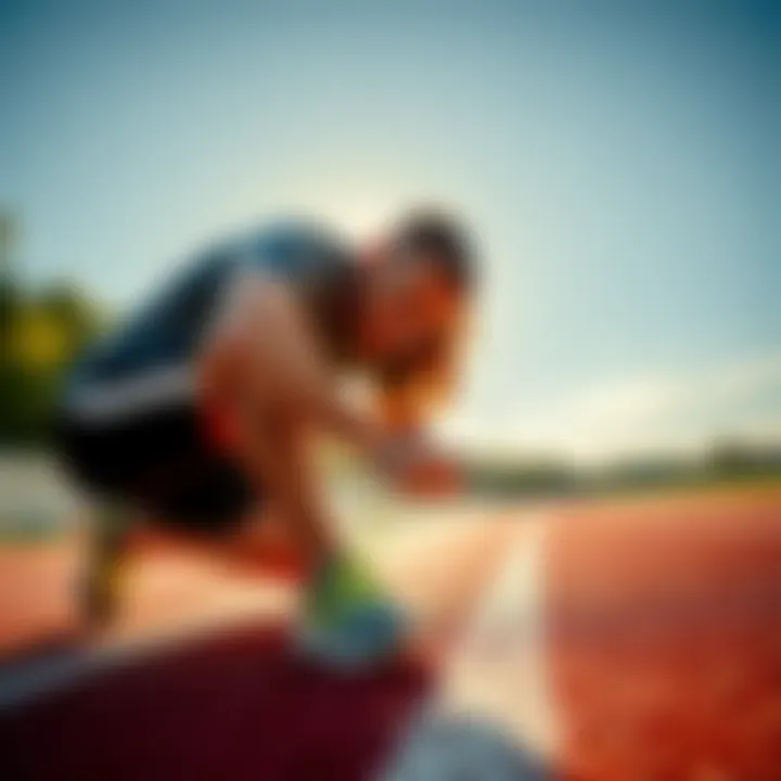 A runner kneeling and tying shoelaces on a sunny day, preparing to hit the track.