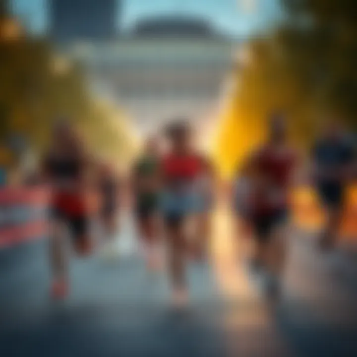 A group of runners participating in a 5k race, showing excitement and determination as they race towards the finish line.