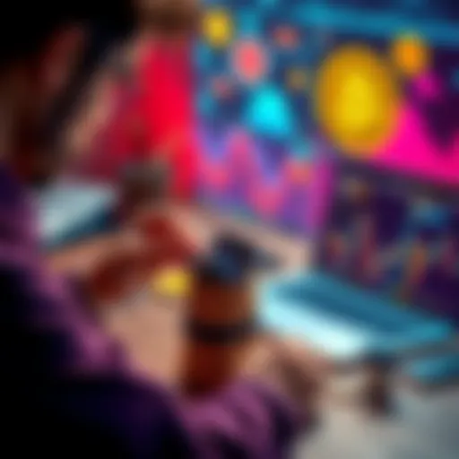 A person examining different types of Bitcoin wallets, including a physical wallet, on a desk with a laptop and Bitcoin graphics in the background.