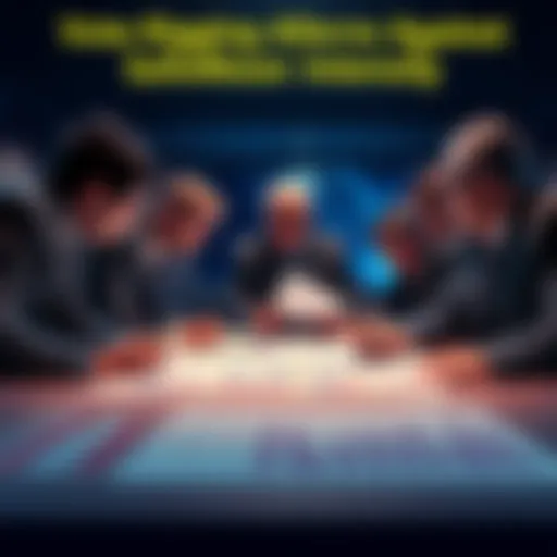 A group of people discussing vote rigging allegations against the SafeMoon Council, with charts and documents on a table.
