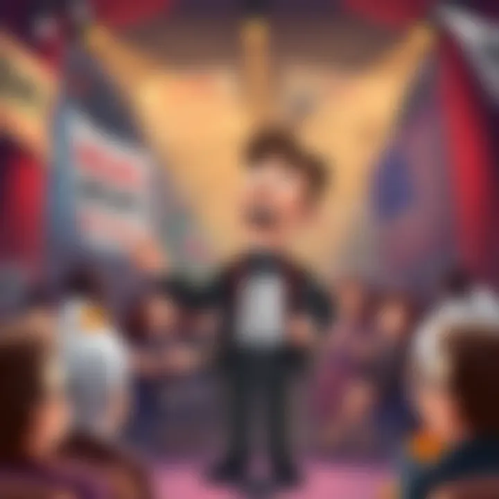 A cartoonish depiction of a comedian on stage, with a backdrop of news headlines. The audience laughs at absurd situations that mirror real-life events.