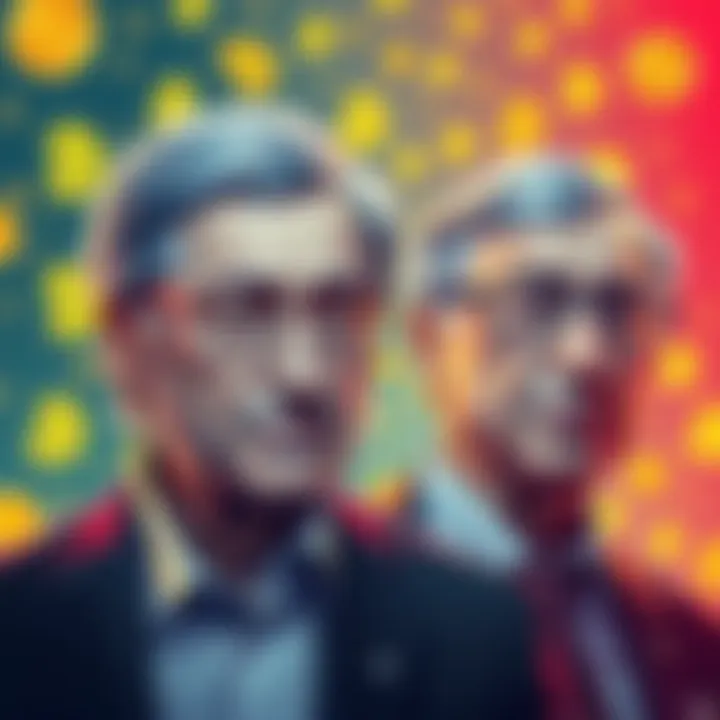 Illustration showing Satoshi Nakamoto's wealth overtaking Bill Gates with cryptocurrency symbols in the background
