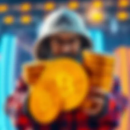 A representation of Satoshi Nakamoto holding a large stack of Bitcoins, symbolizing their 1.1 million Bitcoin holding worth $134 billion.
