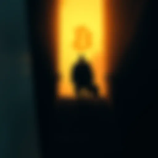 A figure symbolizing Satoshi Nakamoto steps into the shadows, representing the mystery of Bitcoin's founder leaving the scene to emphasize decentralization.