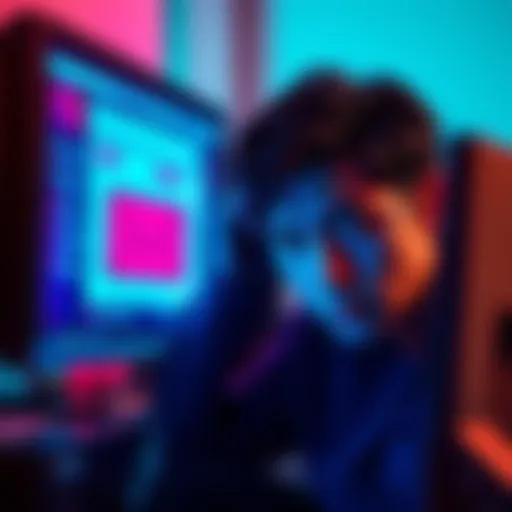 Person looking at a computer screen with a worried expression while reading a scam email