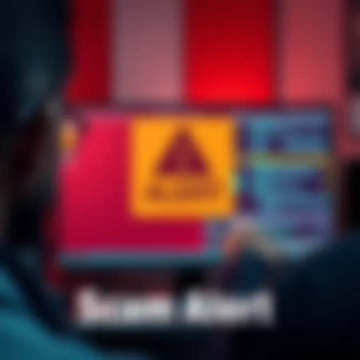 A person looking at a computer screen with a warning sign about scams, symbolizing awareness and protection.