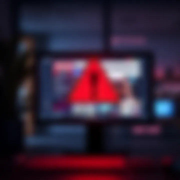 A warning sign indicating online scams with a computer screen showing misleading ads