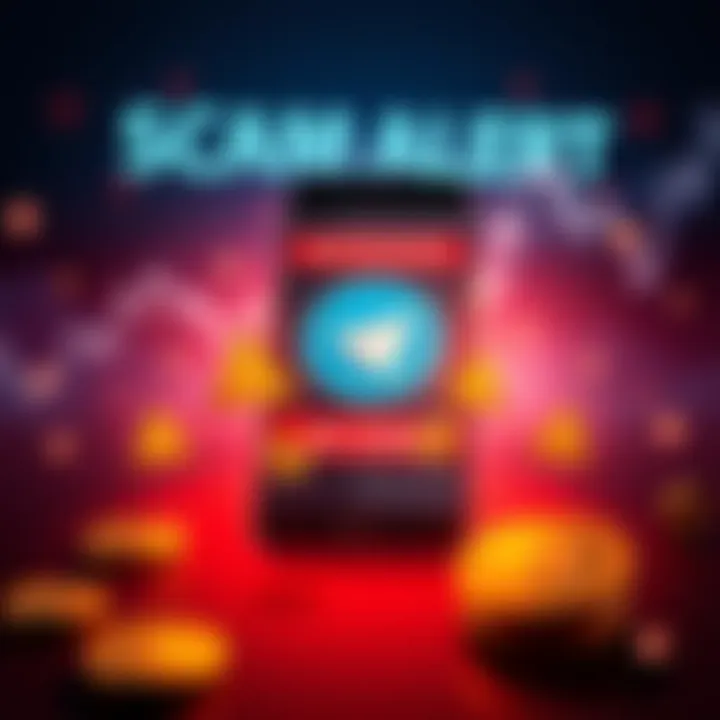 A warning graphic showing a smartphone with a Telegram logo, warning signs, and crypto symbols to highlight scams targeting Coinbase users.
