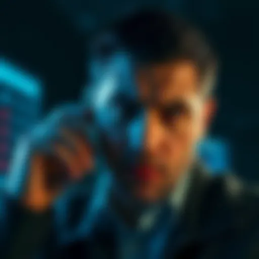 A man on the phone looking anxious as he receives a threatening call from a scammer revealing personal information.