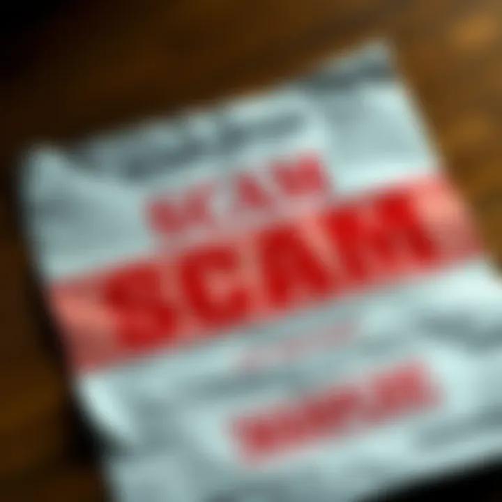 A close-up of a scam letter with bold text highlighting a fake prize notification and warning signs about fraud.